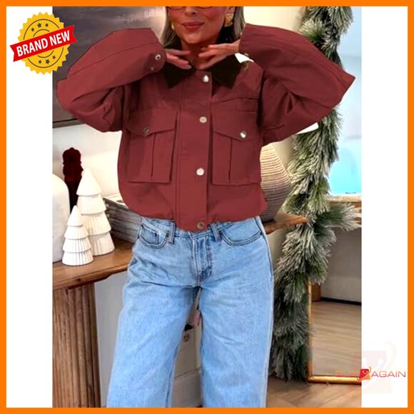 Cropped Utility Jacket Casual Button Front Cargo Pockets Oversized Chic Style - Picture 6 of 7